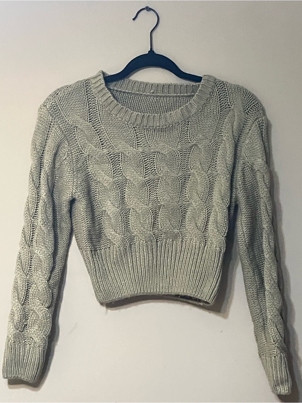 Cropped Cable Crew Sweater in Sage Green
